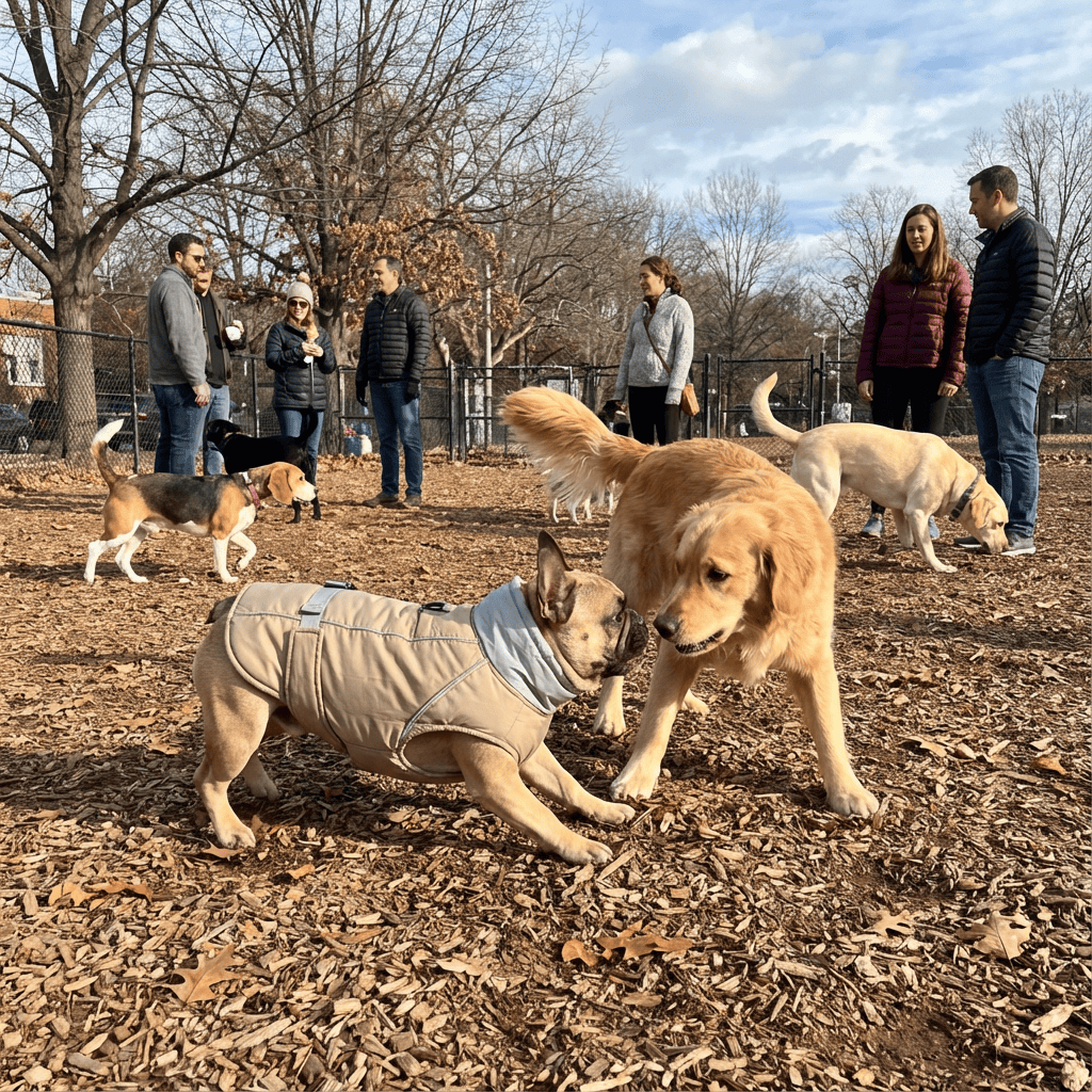 Dogs playing in a park wearing the Arctic Guardian Waterproof Reflective Winter Dog Vest, showcasing warmth and safety features.