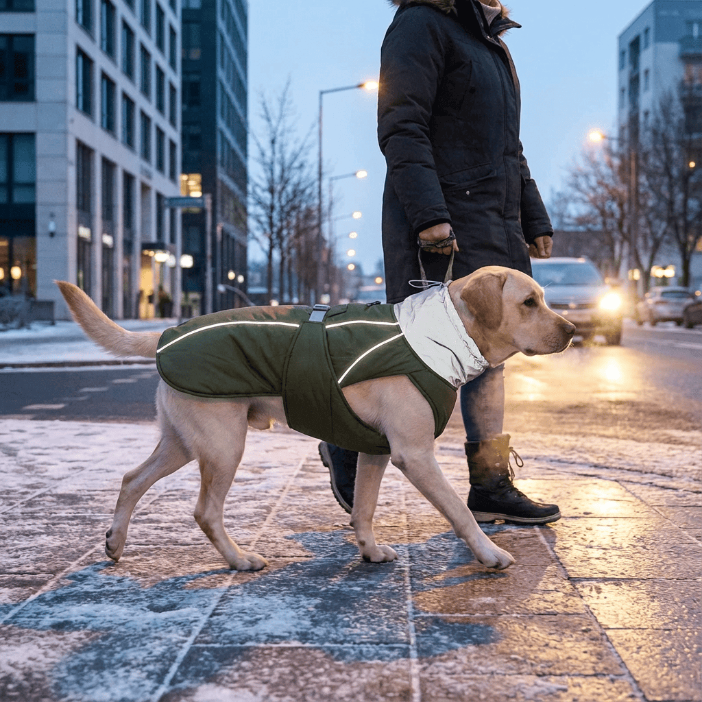Dog wearing Arctic Guardian Waterproof Reflective Winter Dog Vest on snowy street, showcasing warmth and reflective safety features.
