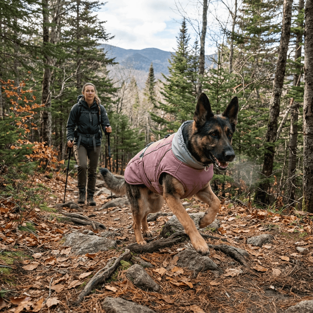 Dog wearing Arctic Guardian Waterproof Reflective Winter Dog Vest while hiking in the forest with owner on a trail.