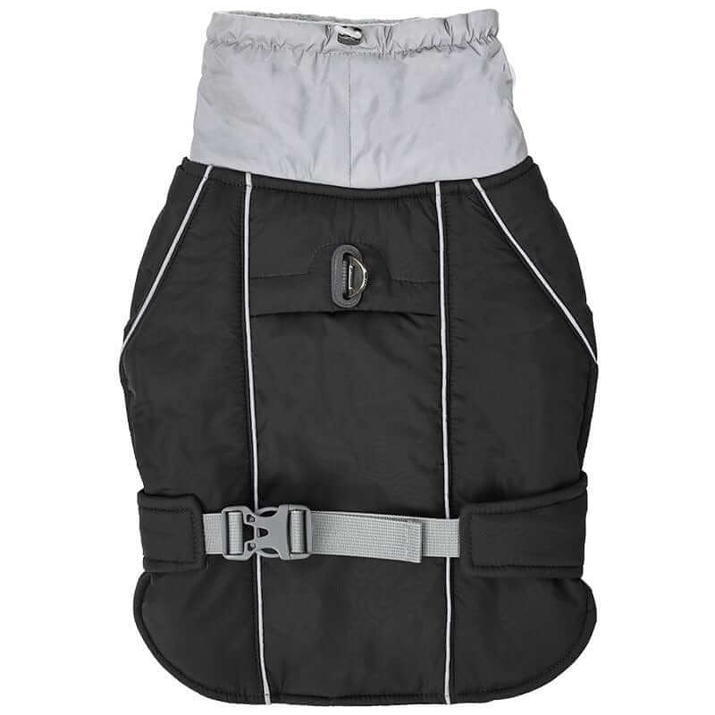 Arctic Guardian Waterproof Reflective Winter Dog Vest in black with reflective detailing and adjustable buckle for dogs.