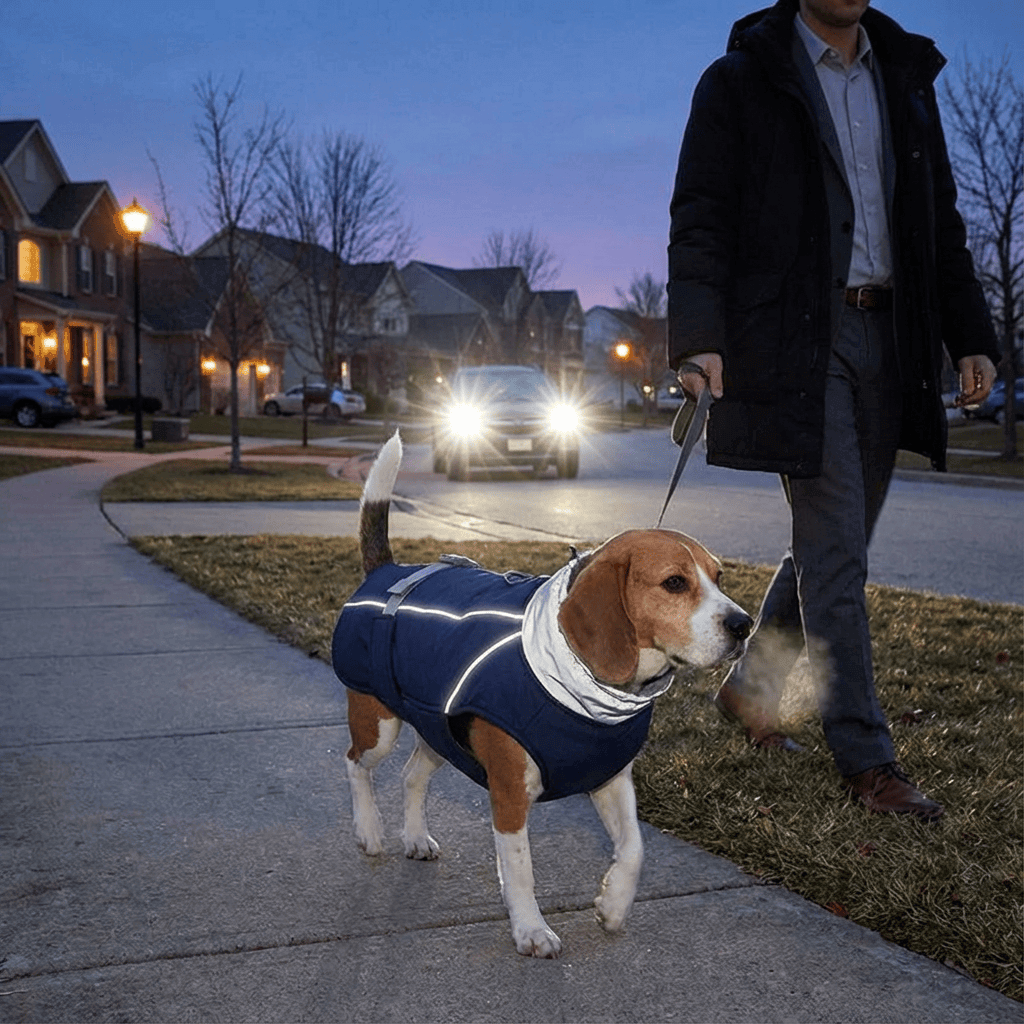 A dog wearing the Arctic Guardian Waterproof Reflective Winter Dog Vest walking at dusk, showcasing its reflective features.