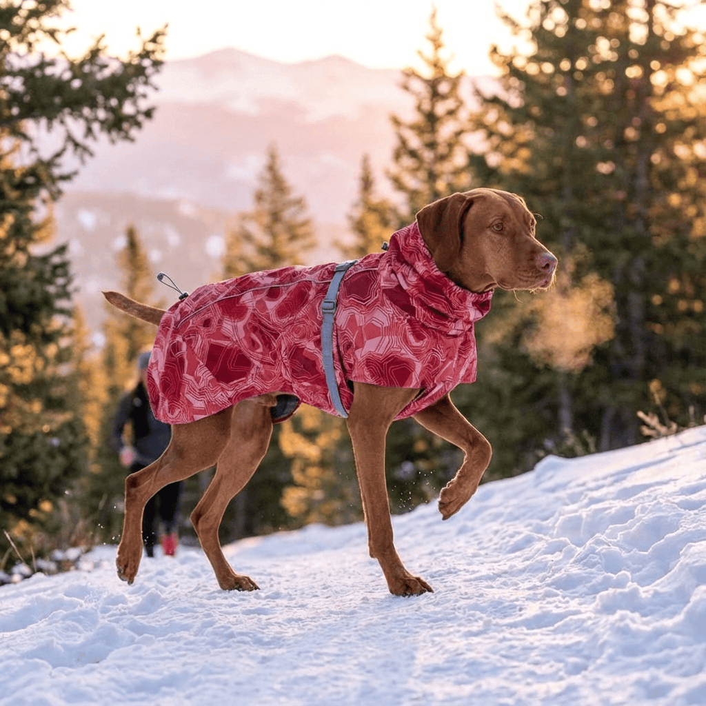 Dog wearing Arctic Paws Quilted Winter Dog Suit in snow, designed for warmth and adventure by Dogs & Cats.