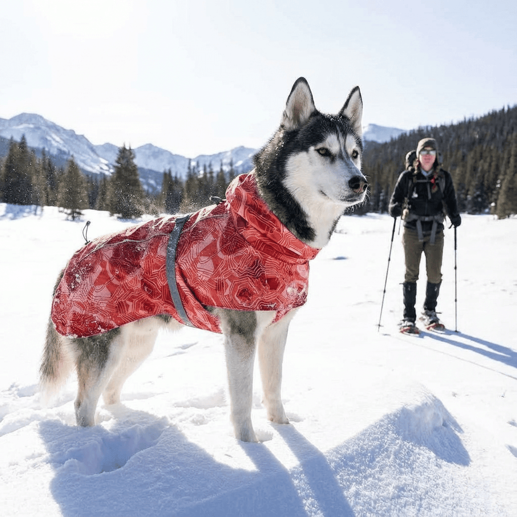 Arctic Paws Quilted Winter Dog Suit on a fluffy dog in the snow, perfect for warmth and waterproof protection for pets.