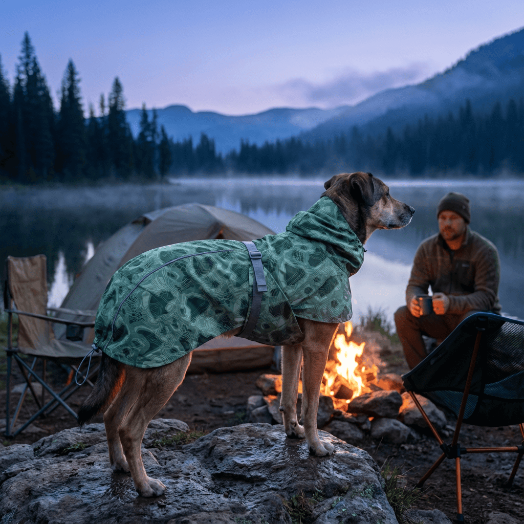 Arctic Paws Quilted Winter Dog Suit on a dog by the campfire, showcasing the durable and warm design for outdoor adventures.