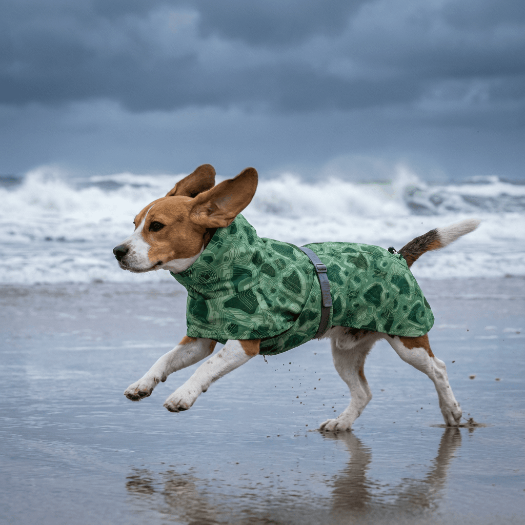 Beagle wearing Arctic Paws Quilted Winter Dog Suit at the beach, showcasing its waterproof design and playful fit.