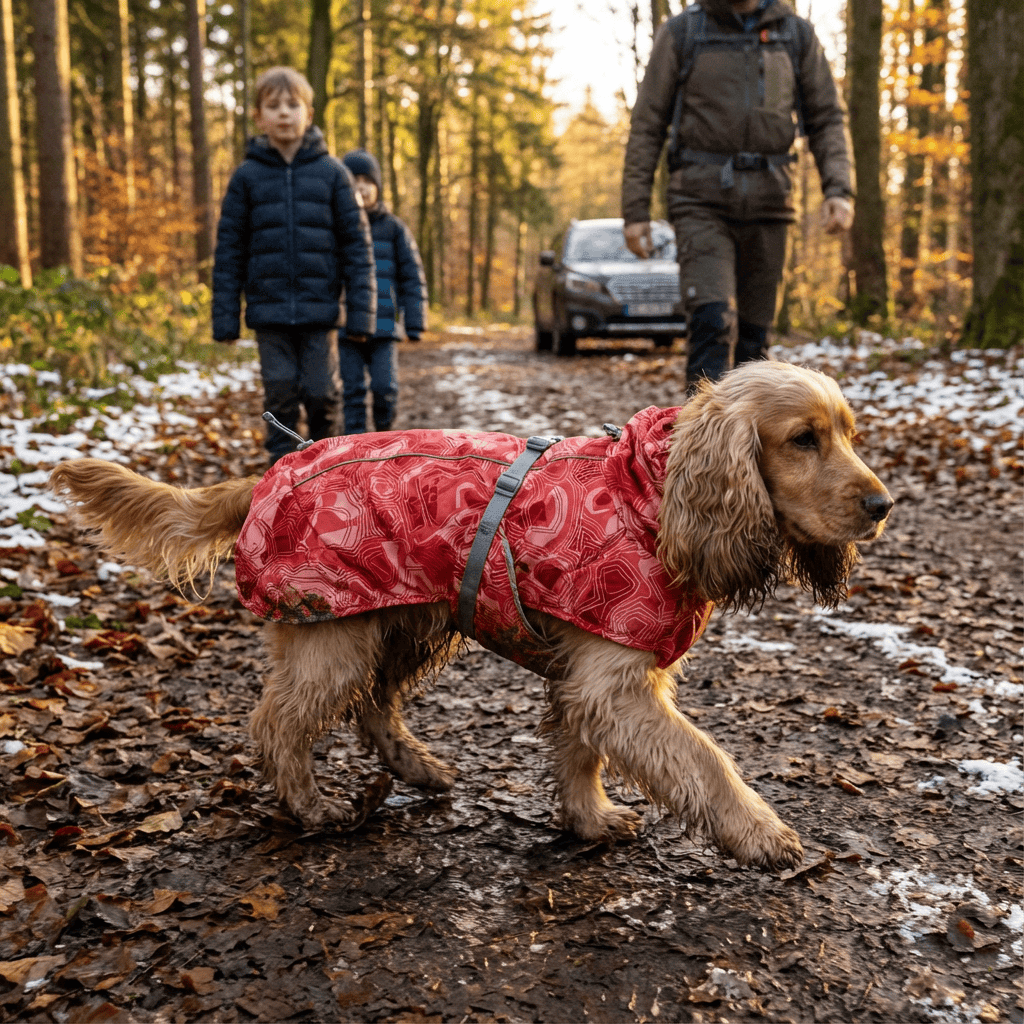 Dog wearing Arctic Paws Quilted Winter Dog Suit, walking on a trail with kids, showcasing warmth and adventure.