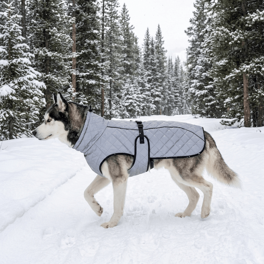 Arctic Reflective Shell Jacket for dogs, insulated coat for winter, designed for comfort and visibility by Dogs & Cats.