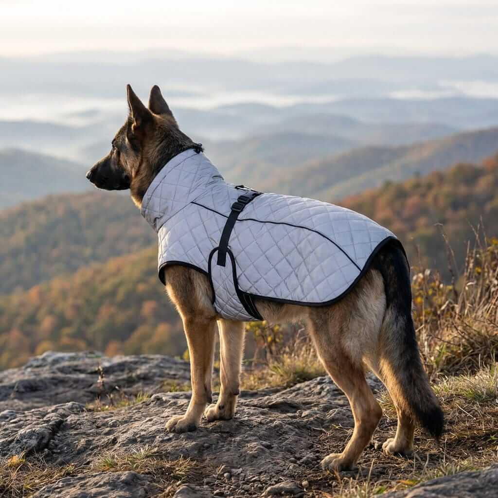 Dog wearing Arctic Reflective Shell Jacket on a mountain, showcasing advanced cold-weather protection and visibility.