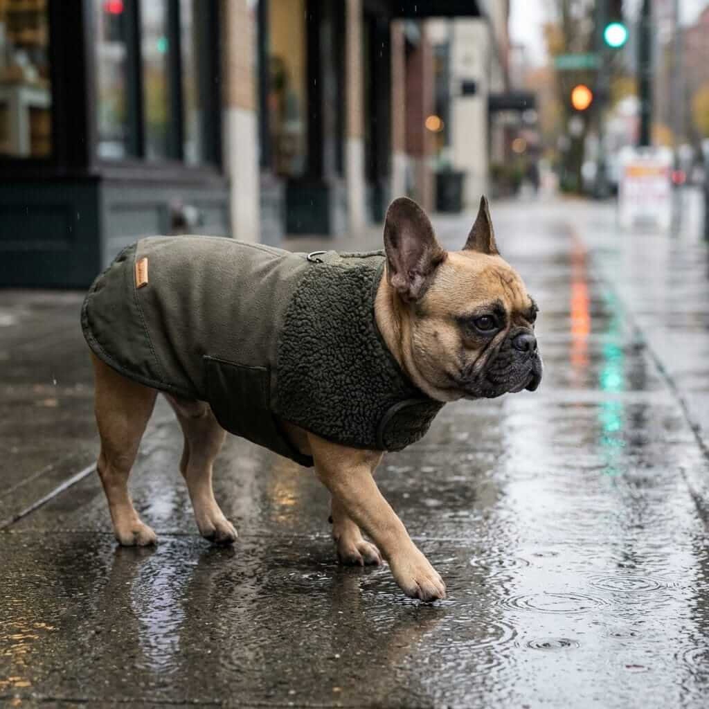 Arctic Sherpa Dog Jacket on a French Bulldog, insulated for cold weather, featuring wind protection and soft fleece lining.