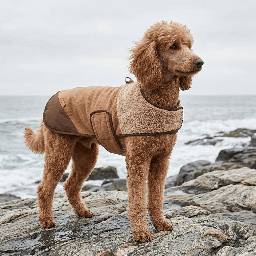 Arctic Sherpa Dog Jacket on a poodle near the ocean, featuring insulated sherpa lining and wind protection.