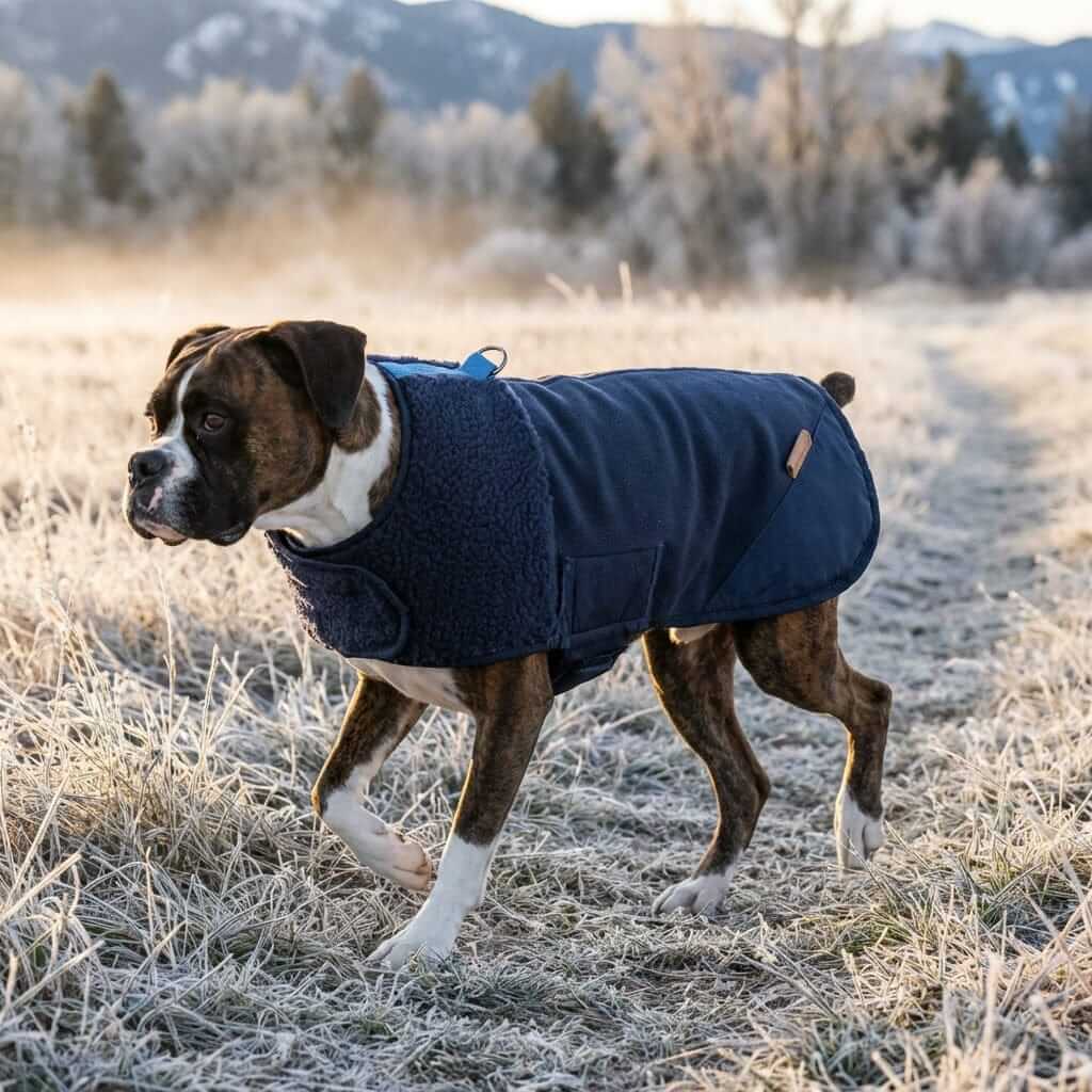 Arctic Sherpa Dog Jacket on a dog, featuring insulated design with premium fleece lining for cold weather protection.