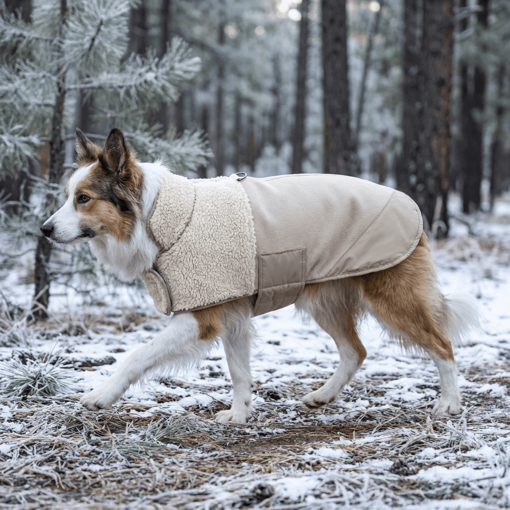 Arctic Sherpa Dog Jacket on a dog walking through a snowy forest, providing advanced cold protection and comfort.