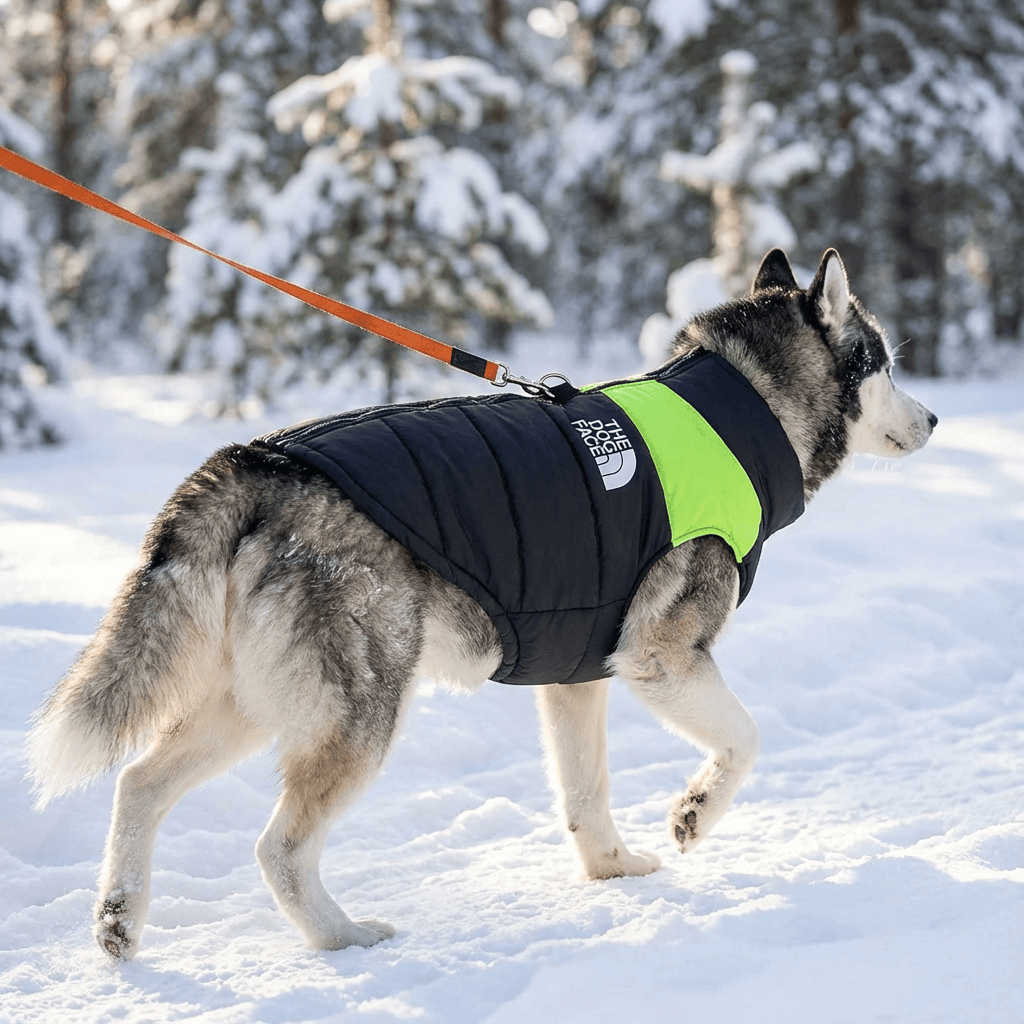 Arctic Shield Dog Vest on a husky walking in the snow, featuring waterproof material and stylish design for warmth.