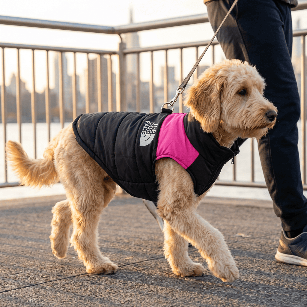 Arctic Shield Dog Vest on a golden doodle walking by the water, showcasing waterproof material and stylish design.