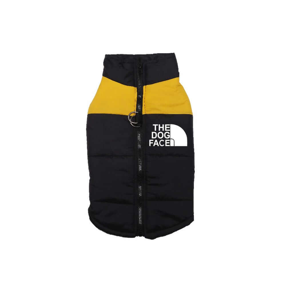 Arctic Shield Dog Vest in stylish black and yellow design for dogs, featuring waterproof material and insulation for warmth.