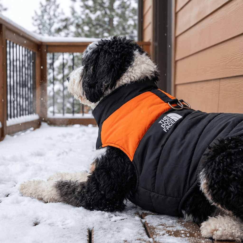 Arctic Shield Dog Vest on a dog, waterproof and insulated for warmth in cold weather, by Dogs & Cats brand.