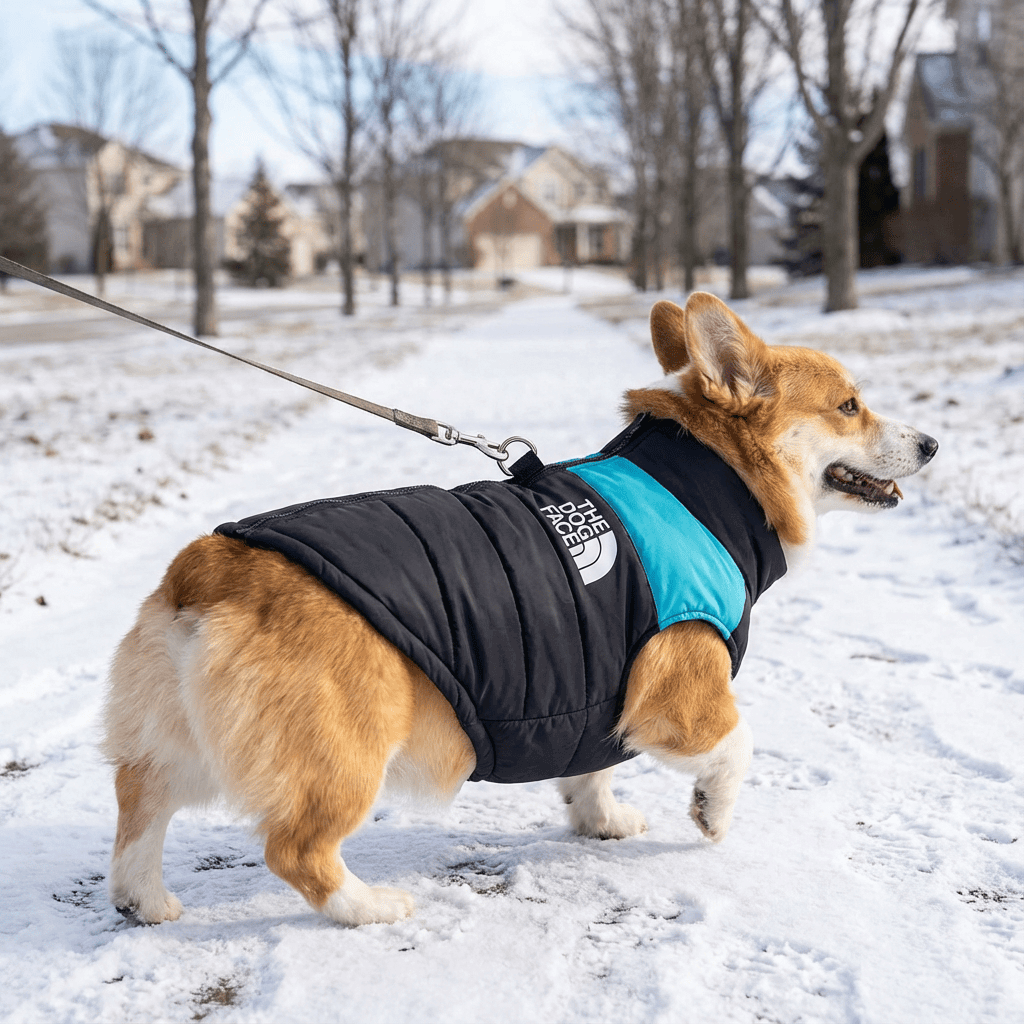 Arctic Shield Dog Vest for small dogs, featuring waterproof material and stylish design, perfect for cold winter walks.