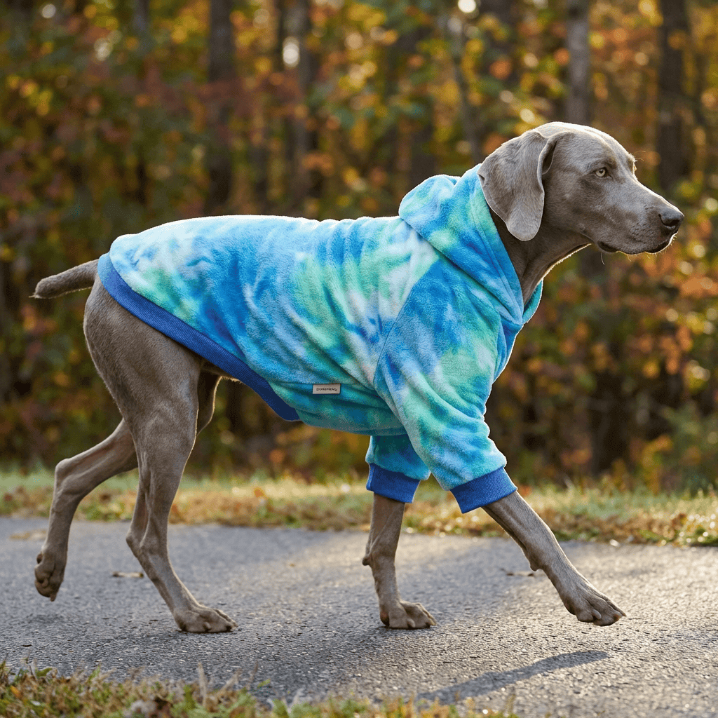 Aurora Tie-Dye Dog Hoodie on a dog, featuring vibrant colors, soft fleece, and ideal for autumn wear.