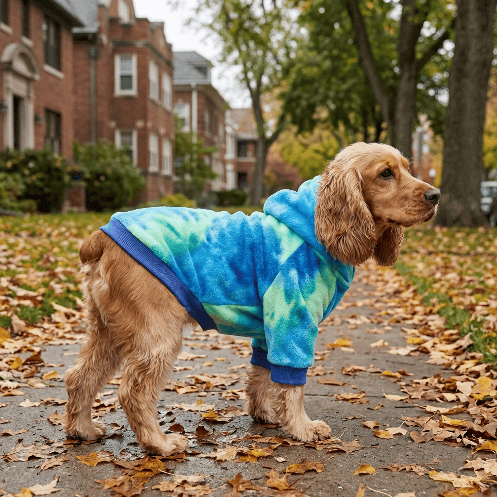Aurora Tie-Dye Dog Hoodie on a Cocker Spaniel, featuring vibrant colors and a cozy design for Dogs & Cats.