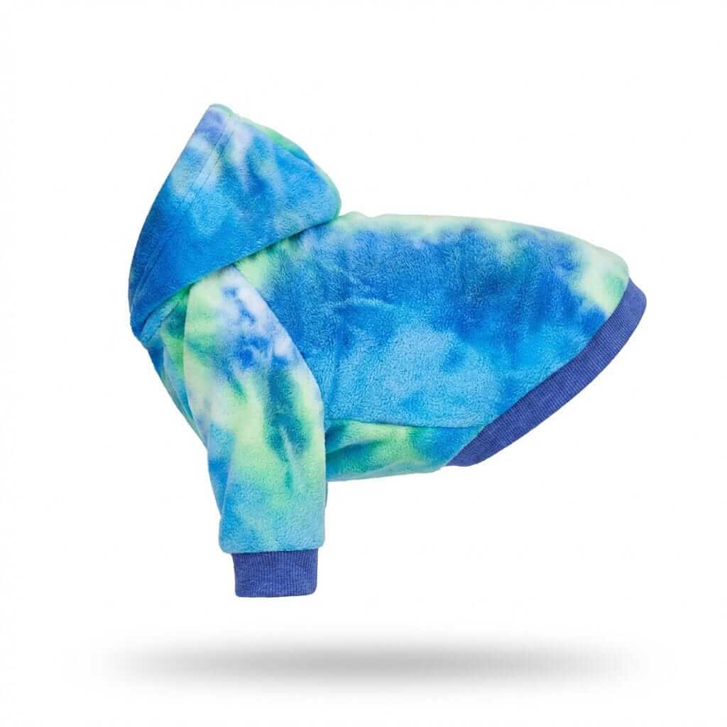 Aurora Tie-Dye Dog Hoodie, vibrant tie-dye style, soft insulating fleece, ideal for dogs and cats, reliable warmth.