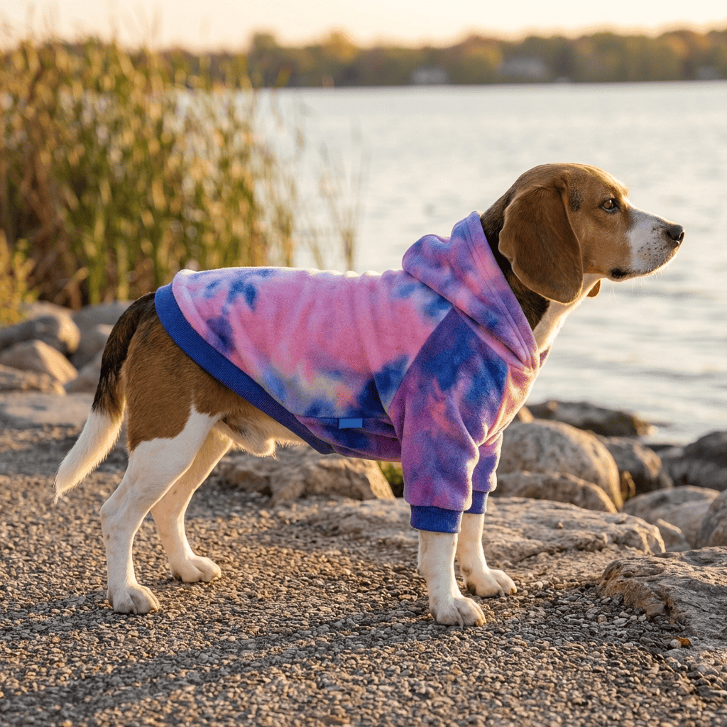 Beagle wearing an Aurora Tie-Dye Dog Hoodie by Dogs & Cats brand by the water, showcasing vibrant colors and warmth.