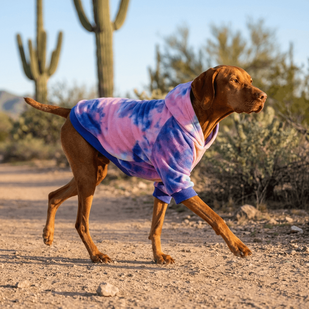 Aurora Tie-Dye Dog Hoodie on a dog walking in a scenic desert, showcasing vibrant colors and comfortable fit for dogs & cats.