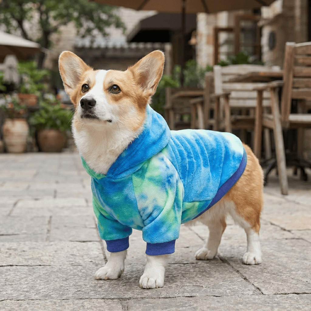 Aurora Tie-Dye Dog Hoodie on a corgi, features a vibrant blue and green fleece design for warmth and style.
