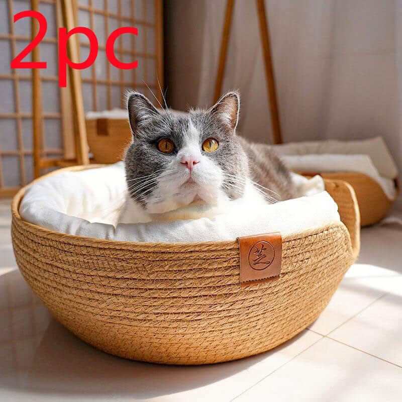 Bamboo Pet Nest for cats, handwoven, comfortable, and breathable, featuring removable waterproof cushion, perfect for dogs & cats.
