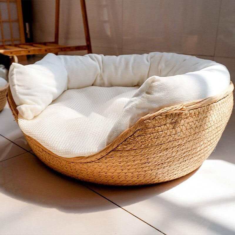 Bamboo Pet Nest, handwoven bamboo pet bed with removable cushion for dogs & cats, breathable and easy to clean.