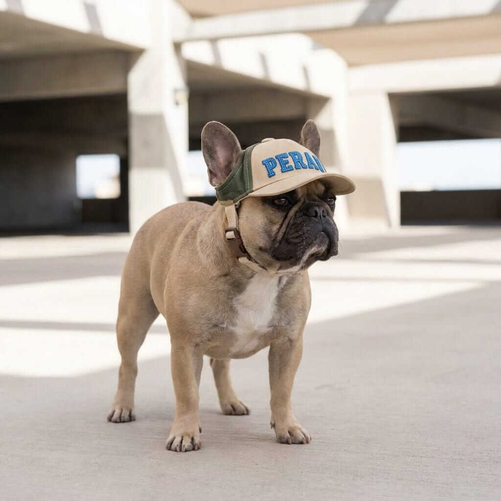 Baseball Pet Shade Cap on a French Bulldog with an adjustable strap, showcasing comfort and style for dogs and cats.