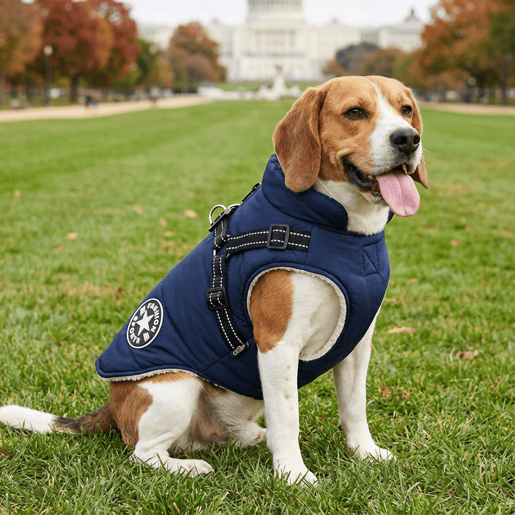 Golden Retriever Quilted Coat on a Beagle in a park, stylish and warm dog coat by Dogs & Cats, perfect for cold weather.