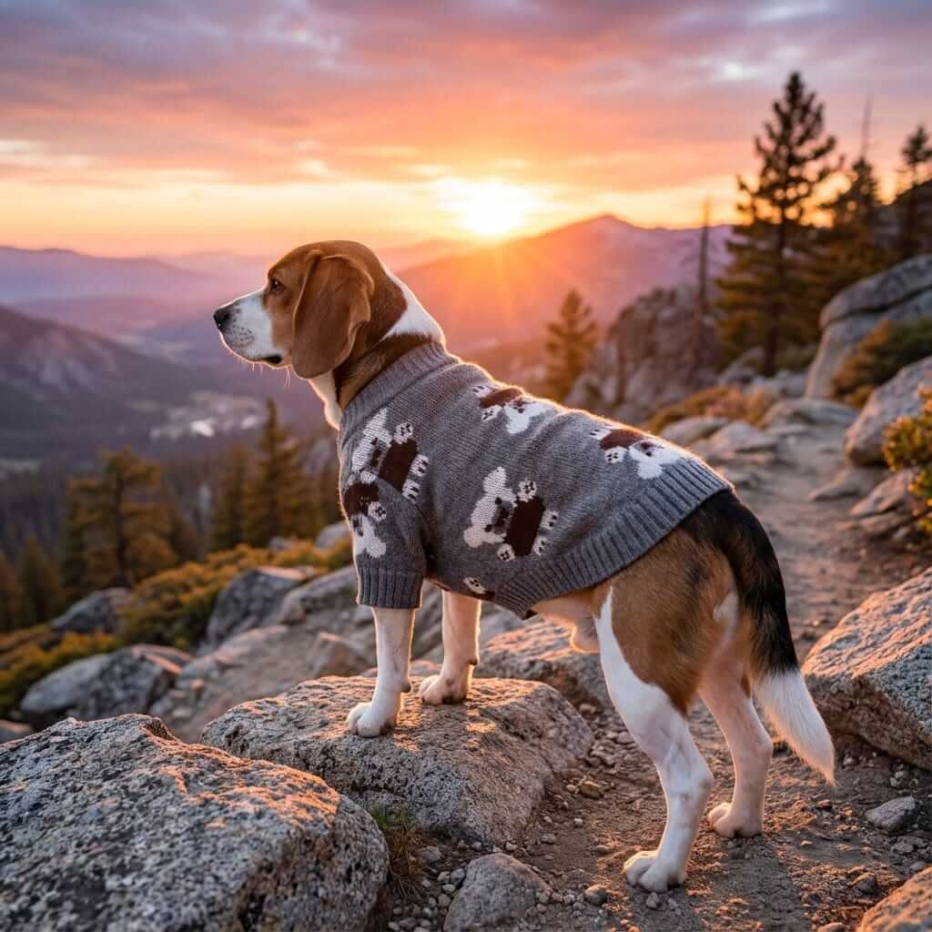 Bear Print Pet Sweater on a Beagle standing on rocks at sunset, showcasing warmth and style for Dogs & Cats.