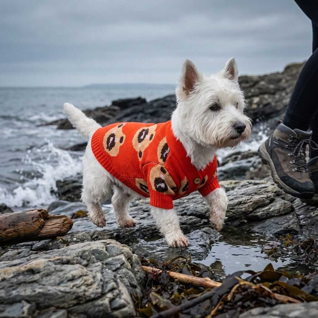 A small dog wearing a Bear Print Pet Sweater, exploring rocky shorelines by the sea, showcasing warmth and style.