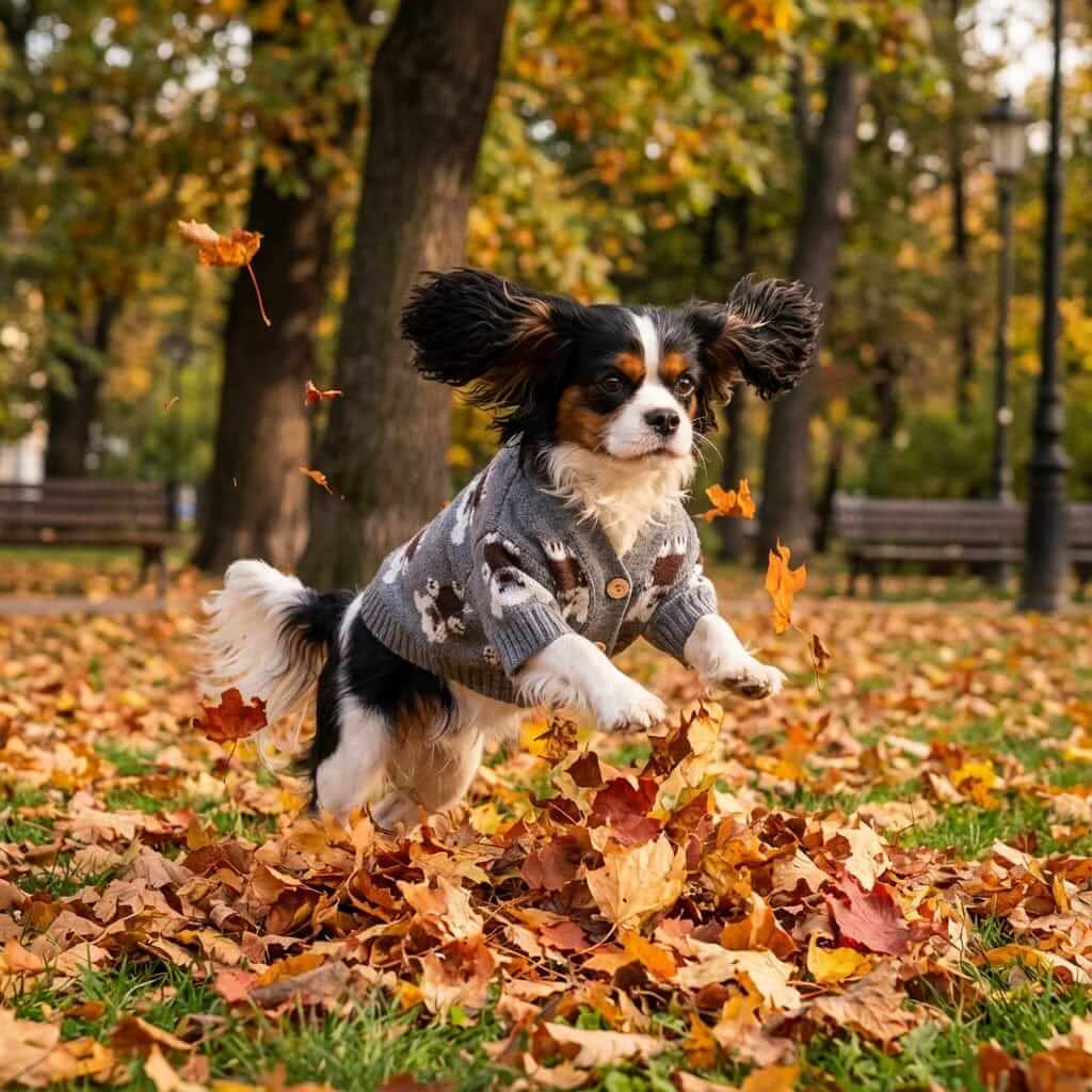 Bear Print Pet Sweater on a happy dog jumping in a pile of autumn leaves, showcasing comfort and style for pets.