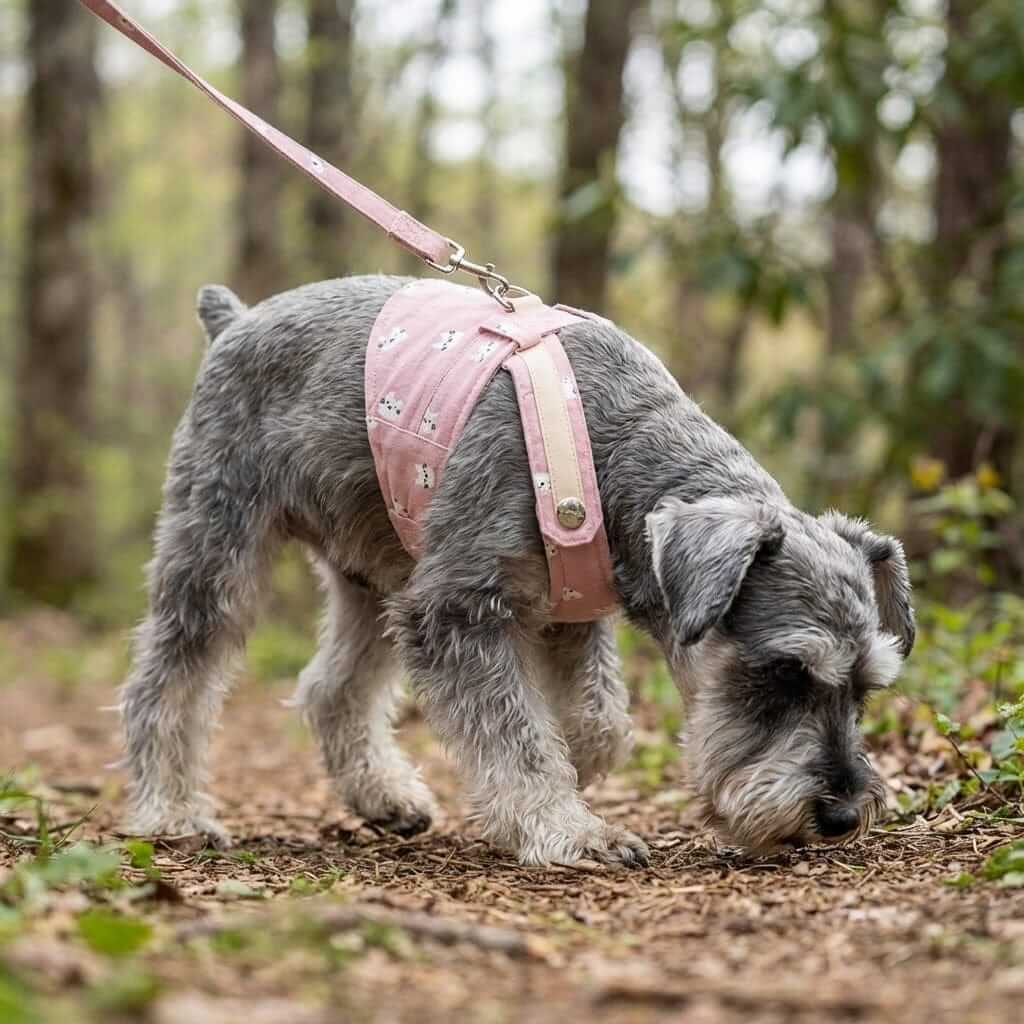 Beauty Walking Harness Set on a dog in a forest, features soft mesh padding, adjustable chest belt, and leash D-ring.