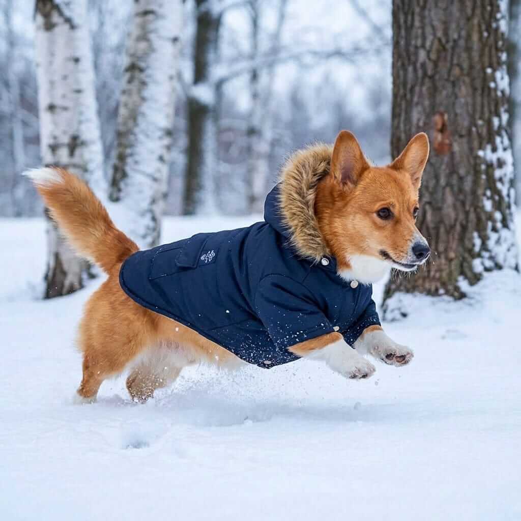 Big Bad Woof Hooded Winter Dog Coat on a corgi playing in the snow, featuring breathable fabric and a comfortable fit.