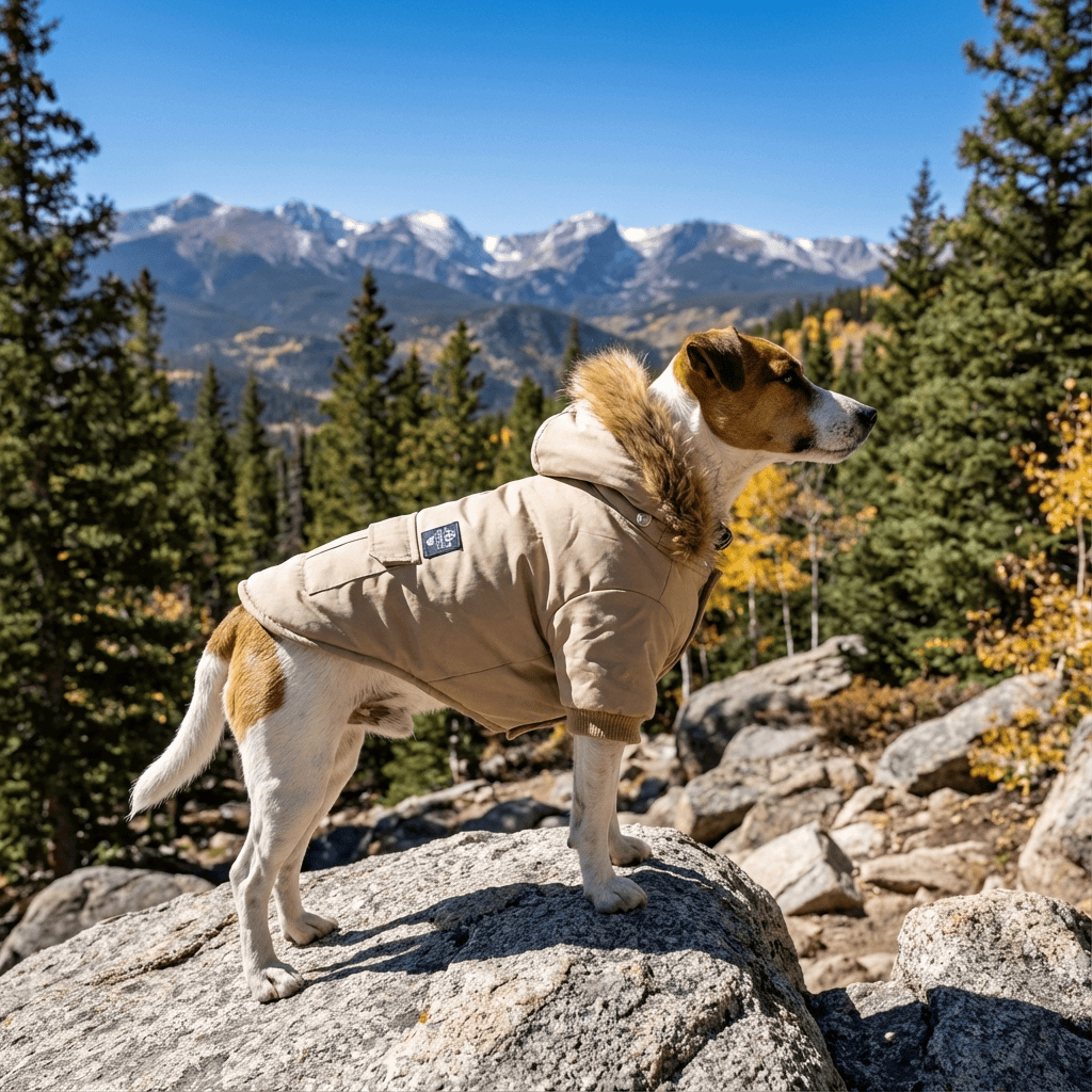Big Bad Woof Hooded Winter Dog Coat on a dog outdoors, showcasing breathable fabric and comfortable fit for Dogs & Cats.