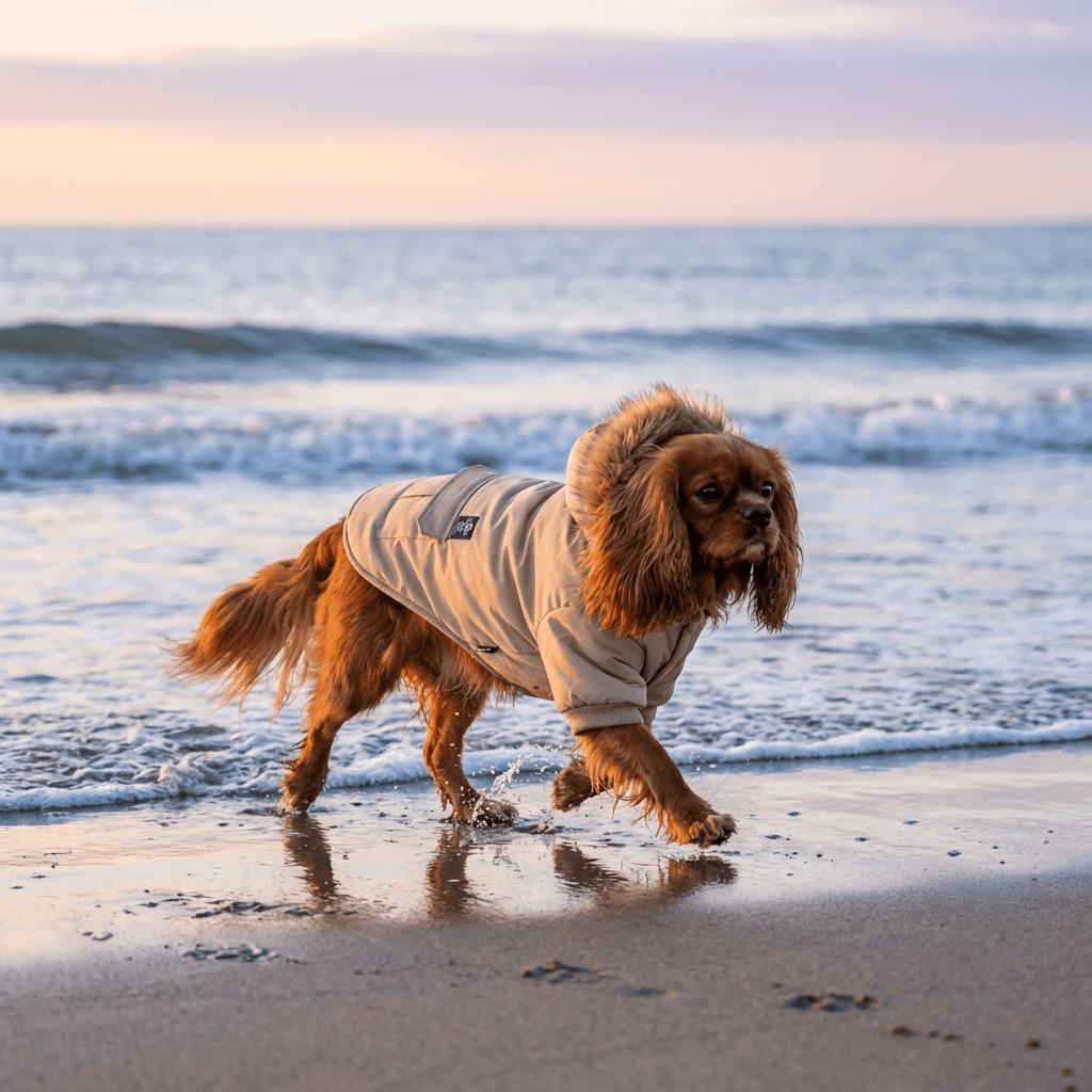 Big Bad Woof Hooded Winter Dog Coat on a dog at the beach, featuring breathable fabric, lightweight feel, and two-legged style.