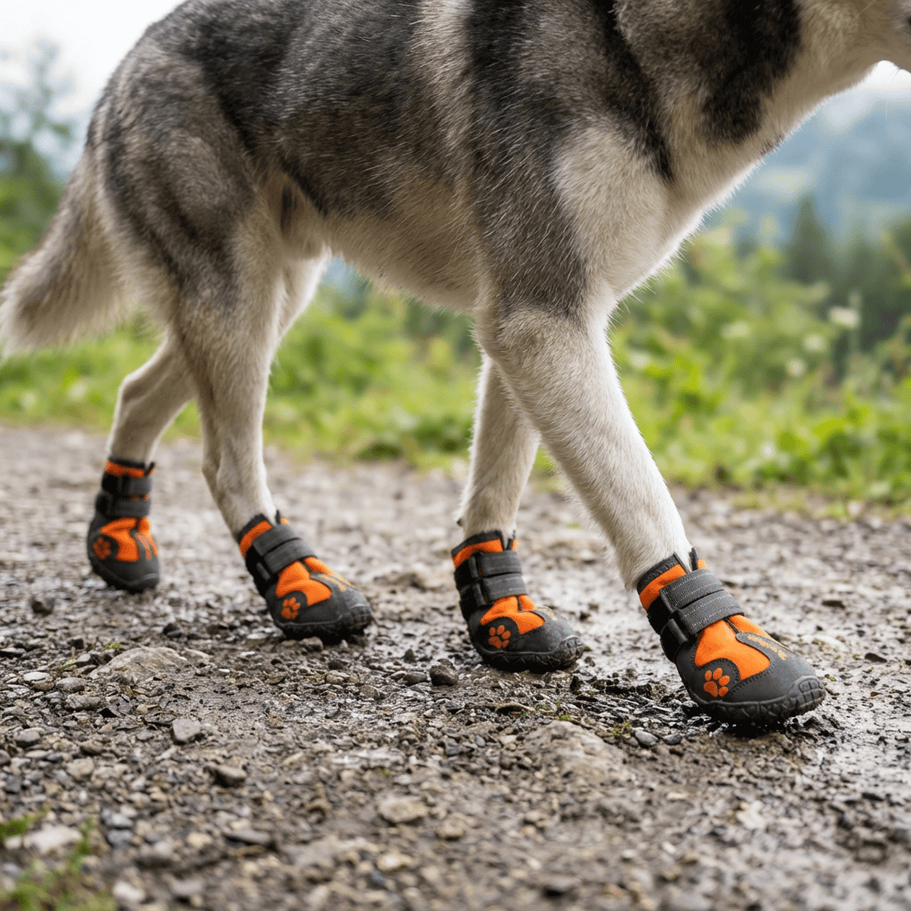 Big Dog Shoes Non-Slip Wear on a dog, featuring rugged soles and waterproof fabric for protection during outdoor adventures.