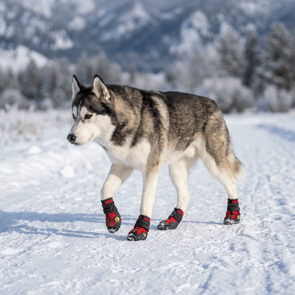 Big Dog Shoes Non-Slip Wear on a husky walking in the snow, showcasing waterproof, rugged sole design for pets.