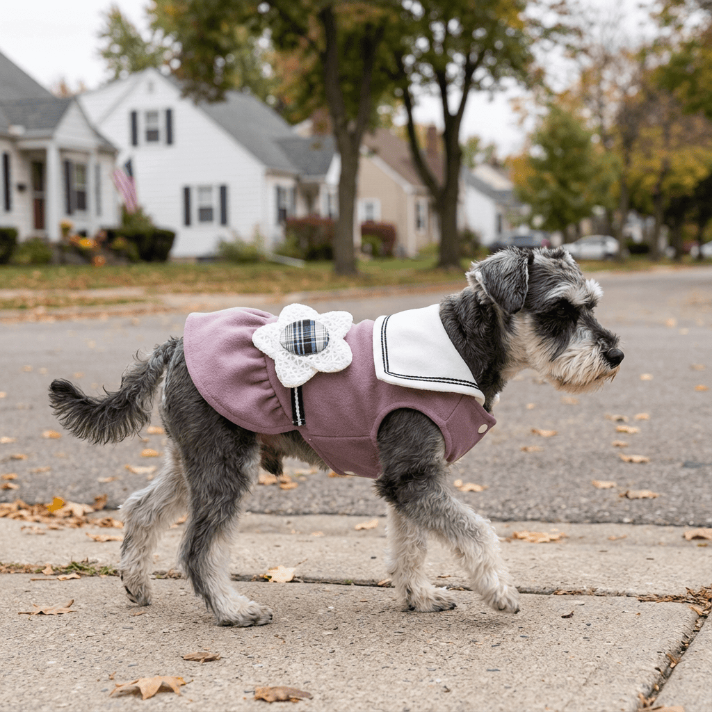 Dog wearing Big Flower Lapel Dog Dress, featuring a big flower lapel, styled for comfort and warmth, perfect for Dogs & Cats.