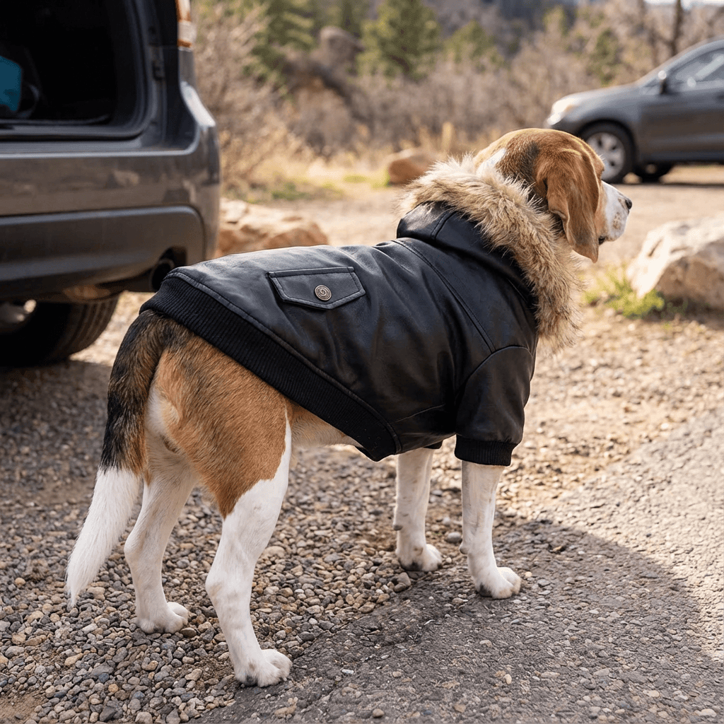 Biker Dog Leather Jacket on a beagle, featuring faux fur collar and pockets for dogs from Dogs & Cats.
