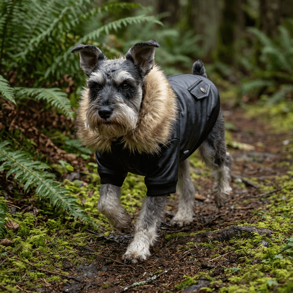 Biker Dog Leather Jacket on a Schnauzer in a forest, featuring faux fur collar and lined for warmth, by Dogs & Cats.