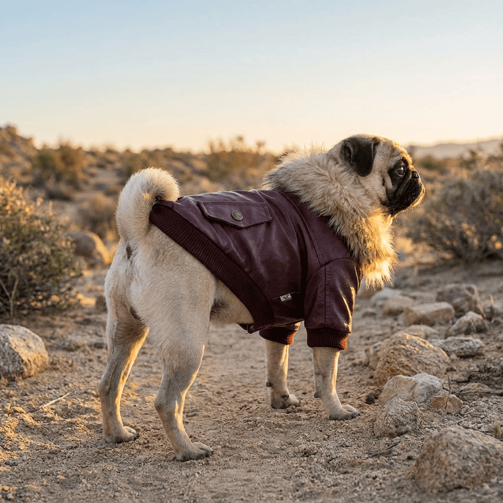 Pug wearing a Biker Dog Leather Jacket, featuring faux fur collar, perfect for warmth and style outdoors.