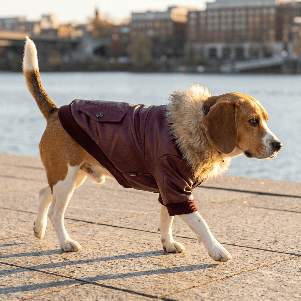 Biker Dog Leather Jacket on a Beagle, offering warmth with faux fur, lined for cold protection, from Dogs & Cats brand.
