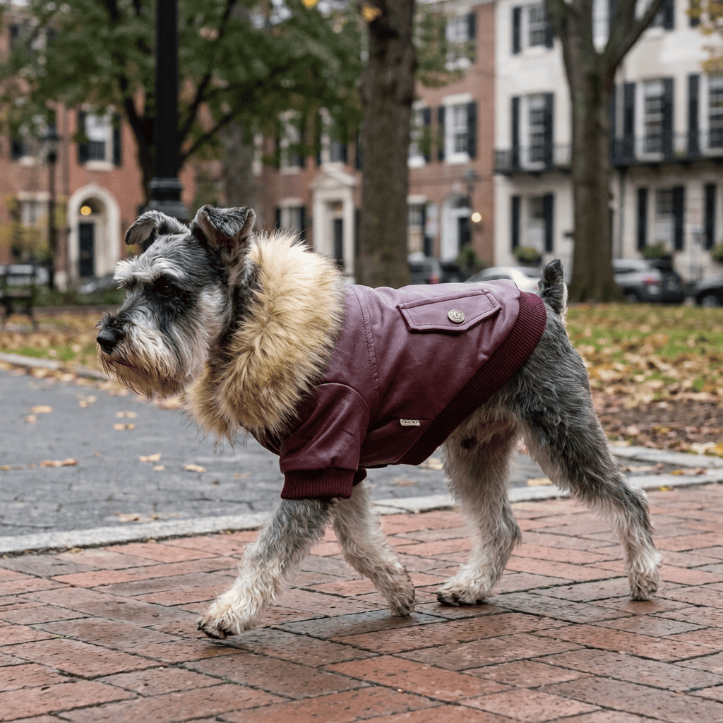 Biker Dog Leather Jacket on a stylish dog featuring faux fur neckline, lined for warmth and designed for easy access.