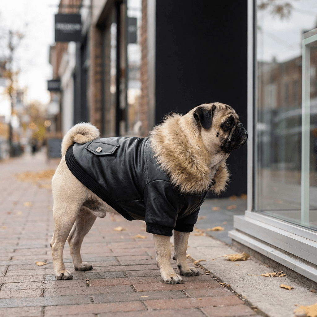 Biker Dog Leather Jacket for Dogs, features faux fur, fleece lining, and pockets, perfect for stylish pets by Dogs & Cats.