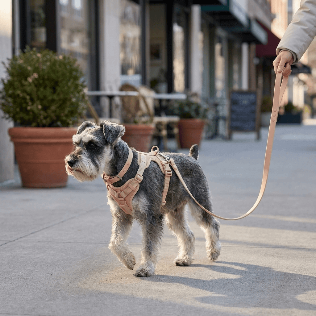 BiteGuard Harness, Collar & Leash Set for dogs, featuring durable bite-resistant materials during a walk.