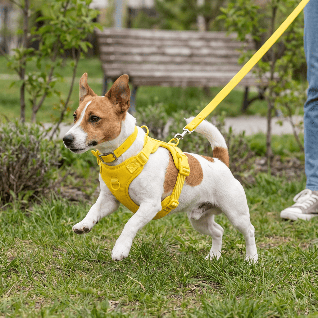 BiteGuard Harness, Collar & Leash Set for dogs, featuring durable yellow harness during a park walk.