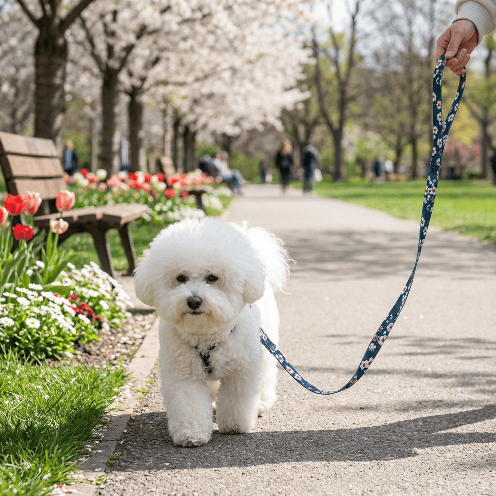 BloomTrail Floral Pet Leash on a fluffy dog walking in a park surrounded by blooming flowers.